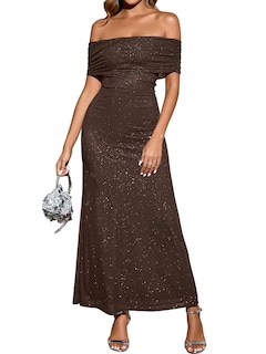 Foto 1 | Foto 1 | Vestido Largo Kutumai Con Hombros Descubiertos Malla Fruncida Lentejuelas Marrones L - Venta Internacional.