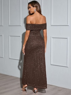 Foto 3 | Foto 3 | Vestido Largo Kutumai Con Hombros Descubiertos Malla Fruncida Lentejuelas Marrones L - Venta Internacional.