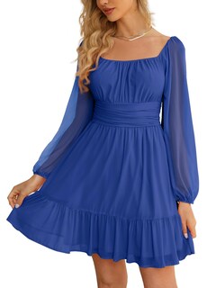 Foto 1 | Foto 1 | Vestido Wenrine Mesh De Manga Larga Con Cuello Cuadrado En Una Línea Azul Para Mujer - Venta Internacional.