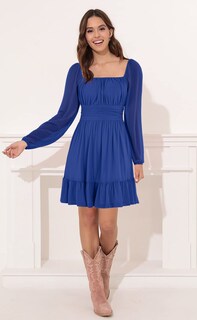 Foto 2 | Foto 2 | Vestido Wenrine Mesh De Manga Larga Con Cuello Cuadrado En Una Línea Azul Para Mujer - Venta Internacional.