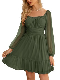 Foto 1 | Foto 1 | Vestido Wenrine Mesh Manga Larga Cuello Cuadrado Línea A Verde Militar - Venta Internacional.
