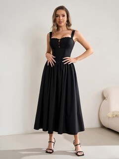Foto 2 | Foto 2 | Vestido Kutumai De Encaje De Verano Con Cuello Cuadrado Midi Negro Con Bolsillos - Venta Internacional.