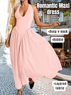 Foto 2 | Foto 2 | Vestido Chiaolezhee Con Cuello En V Profundo Halter Maxi Rosa Claro Para Mujer - Venta Internacional.