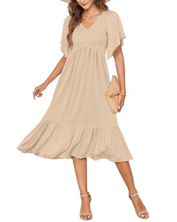 Foto 1 | Foto 1 | Vestido De Verano Auselily Para Mujer Cuello En V Manga Corta Midi Albaricoque - Venta Internacional.