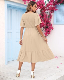 Foto 3 | Foto 3 | Vestido De Verano Auselily Para Mujer Cuello En V Manga Corta Midi Albaricoque - Venta Internacional.