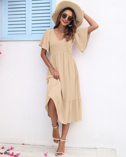 Foto 4 | Foto 4 | Vestido De Verano Auselily Para Mujer Cuello En V Manga Corta Midi Albaricoque - Venta Internacional.