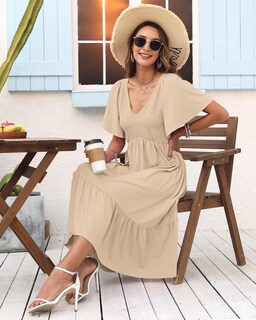 Foto 5 | Foto 5 | Vestido De Verano Auselily Para Mujer Cuello En V Manga Corta Midi Albaricoque - Venta Internacional.