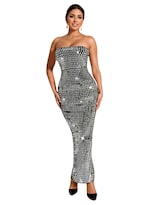 Vestido Largo Figdaw Sin Tirantes Con Strass Y Lentejuelas Negro 2025 - Venta Internacional.