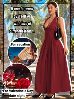 Foto 4 | Foto 4 | Vestido Chiaolezhee Con Cuello En V Profundo Halter Maxi Rojo Burdeos - Venta Internacional.
