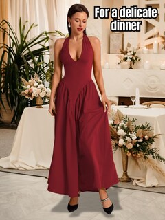 Foto 5 | Foto 5 | Vestido Chiaolezhee Con Cuello En V Profundo Halter Maxi Rojo Burdeos - Venta Internacional.