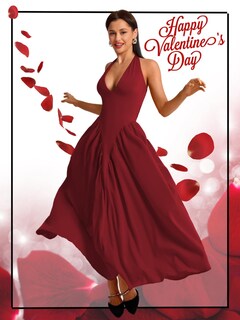Foto 7 | Foto 7 | Vestido Chiaolezhee Con Cuello En V Profundo Halter Maxi Rojo Burdeos - Venta Internacional.