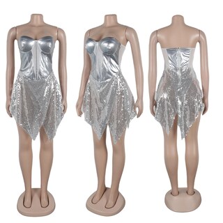 Foto 4 | Foto 4 | Minivestido Porrcey Para Mujer Hombros Descubiertos Lentejuelas Brillantes Plateado - Venta Internacional.