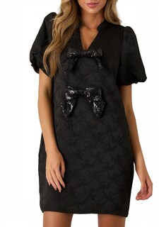 Foto 1 | Foto 1 | Vestido Lifeshe Con Lazo En Jacquard Manga Abullonada Negro Para Mujer - Venta Internacional.