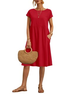 Foto 1 | Foto 1 | Vestido Midi Zhyaj Con Cuello Redondo Y Manga Corta Holgado Túnica De Algodón - Venta Internacional.