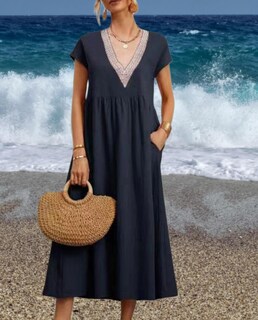 Foto 5 | Foto 5 | Vestido Midi Zhyaj Con Cuello Redondo Y Manga Corta Holgado Túnica De Algodón - Venta Internacional.