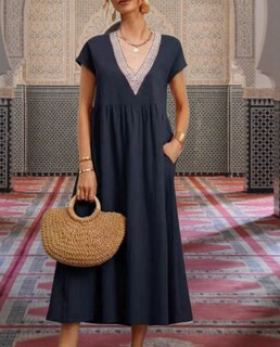 Foto 6 | Foto 6 | Vestido Midi Zhyaj Con Cuello Redondo Y Manga Corta Holgado Túnica De Algodón - Venta Internacional.