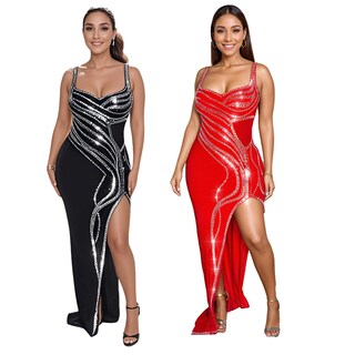 Foto 5 | Foto 5 | Vestido Nagfar Rhinestone Sexy Con Abertura Halter Largo Negro Para Mujer 3xl - Venta Internacional.