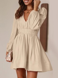 Foto 5 | Foto 5 | Minivestido Bwq De Manga Larga En V Profundo Línea A Color Albaricoque Xxl Para Mujer - Venta Internacional.