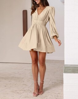 Foto 7 | Foto 7 | Minivestido Bwq De Manga Larga En V Profundo Línea A Color Albaricoque Xxl Para Mujer - Venta Internacional.