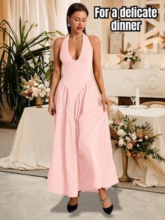 Foto 5 | Foto 5 | Vestido Chiaolezhee Con Cuello En V Profundo Halter Maxi Rosa Claro Para Mujer - Venta Internacional.