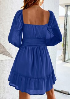 Foto 6 | Foto 6 | Vestido Wenrine Mesh De Manga Larga Con Cuello Cuadrado En Una Línea Azul Para Mujer - Venta Internacional.