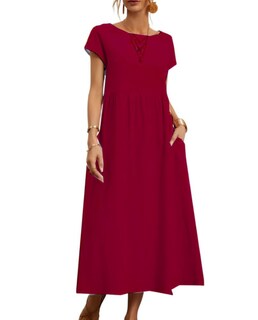 Foto 1 | Foto 1 | Vestido Midi Zhyaj Con Cuello Redondo Y Manga Corta Holgado Túnica De Algodón - Venta Internacional.