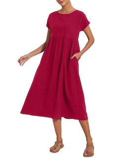 Foto 2 | Foto 2 | Vestido Midi Zhyaj Con Cuello Redondo Y Manga Corta Holgado Túnica De Algodón - Venta Internacional.