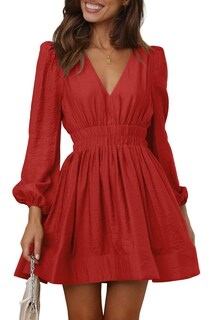 Foto 1 | Foto 1 | Minivestido Bwq Para Mujer De Manga Larga En V Profundo Corte A Rojo Coral - Venta Internacional.