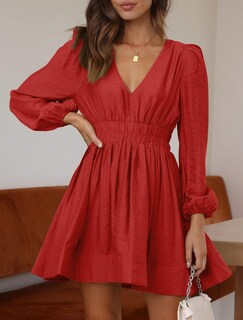 Foto 2 | Foto 2 | Minivestido Bwq Para Mujer De Manga Larga En V Profundo Corte A Rojo Coral - Venta Internacional.