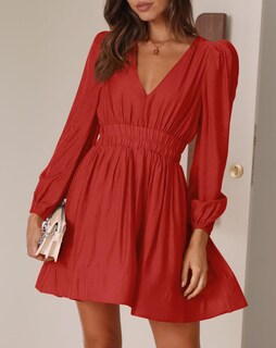 Foto 3 | Foto 3 | Minivestido Bwq Para Mujer De Manga Larga En V Profundo Corte A Rojo Coral - Venta Internacional.