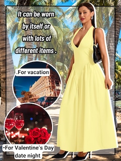 Foto 4 | Foto 4 | Vestido Chiaolezhee Con Cuello En V Profundo Halter Maxi Amarillo Claro Para Mujer - Venta Internacional.