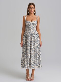 Foto 4 | Foto 4 | Vestido Midi Kutumai Con Corsé Floral Y Abertura Fluida Con Bolsillos  Azul M - Venta Internacional.