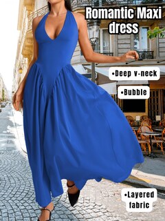 Foto 2 | Foto 2 | Vestido Chiaolezhee Con Cuello En V Profundo  Halter  Maxi  Azul Real  Para Mujer - Venta Internacional.