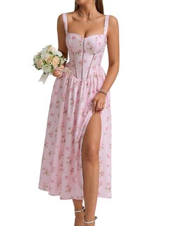 Foto 1 | Foto 1 | Vestido Kutumai Tipo Corsé Floral A Media Pierna Con Abertura Y Bolsillos Para Mujer - Venta Internacional.