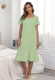 Foto 2 | Foto 2 | Camisón Yundai De Algodón De Manga Corta Con Botones Verde Y Bolsillos - Venta Internacional.