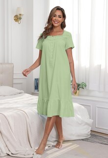 Foto 3 | Foto 3 | Camisón Yundai De Algodón De Manga Corta Con Botones Verde Y Bolsillos - Venta Internacional.