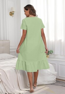 Foto 4 | Foto 4 | Camisón Yundai De Algodón De Manga Corta Con Botones Verde Y Bolsillos - Venta Internacional.