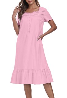 Foto 1 | Foto 1 | Camisón Yundai De Algodón De Manga Corta Con Botones Y Encaje Rosa - Venta Internacional.