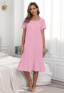 Foto 2 | Foto 2 | Camisón Yundai De Algodón De Manga Corta Con Botones Y Encaje Rosa - Venta Internacional.