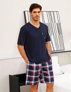 Foto 3 | Foto 3 | Conjunto De Pijama Sykooria De Algodón Para Hombre Manga Corta Color Azul Oscuro - Venta Internacional.