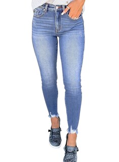 Foto 1 | Foto 1 | Vaqueros Shewin De Cintura Alta Elásticos Delgados Dobladillo Crudo Para Mujer Azules - Venta Internacional.