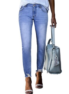 Foto 4 | Foto 4 | Vaqueros Shewin De Cintura Alta Elásticos Delgados Dobladillo Crudo Para Mujer Azules - Venta Internacional.