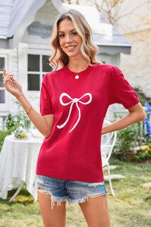 Foto 2 | Foto 2 | Jersey Arach&cloz Para Mujer  Manga Corta Abullonada  Tejido Con Lazo  Rojo - Venta Internacional.