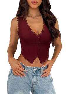 Foto 1 | Foto 1 | Top Uncooyee Sexy Corsés Y2k De Encaje Con Cuello En V Sin Mangas Color Rojo - Venta Internacional.