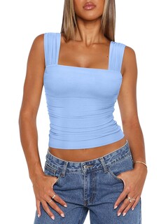 Foto 3 | Foto 3 | Top Corto Reoria Para Mujer Cuello Cuadrado Malla Transparente Fruncido Azul - Venta Internacional.