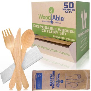 Foto 1 | Foto 1 | Juego De Cubiertos De Madera Desechables Woodable 50 Juegos Envueltos - Venta Internacional.