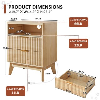 Foto 2 | Foto 2 | Mesita De Noche Lyncohome Estriada Con Estación De Carga De 50 Cm Con 2 Cajones - Venta Internacional.