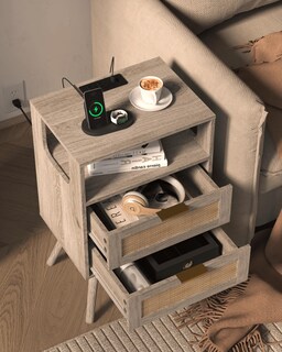 Foto 4 | Foto 4 | Mesita De Noche Veegle Rattan Con Estación De Carga 2 Cajones Color Gris - Venta Internacional.