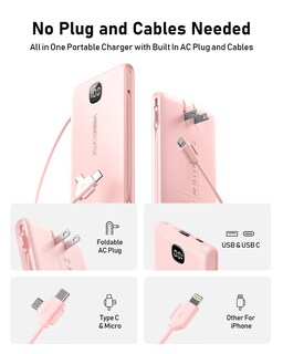 Foto 2 | Foto 2 | Cargador Portátil Power Bank Veektomx De 10000 Mah Con Cables Color Rosa - Venta Internacional.