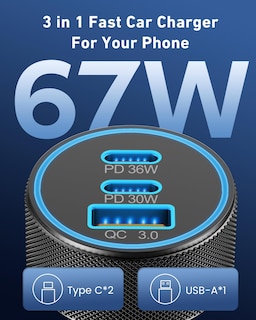 Foto 2 | Foto 2 | Cargador De Coche Kenhao De 67 W Con 3 Puertos Usb C Pd/qc Para Samsung Iphone - Venta Internacional.